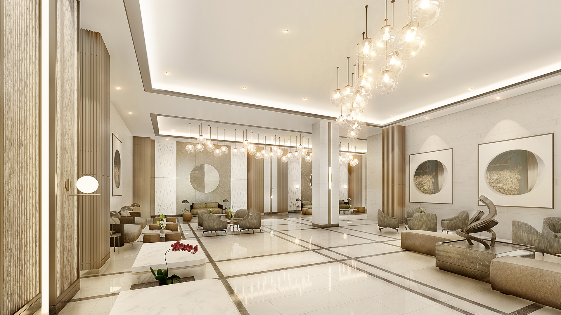A luxurious hotel lobby with elegant decor and comfortable seating arrangements.