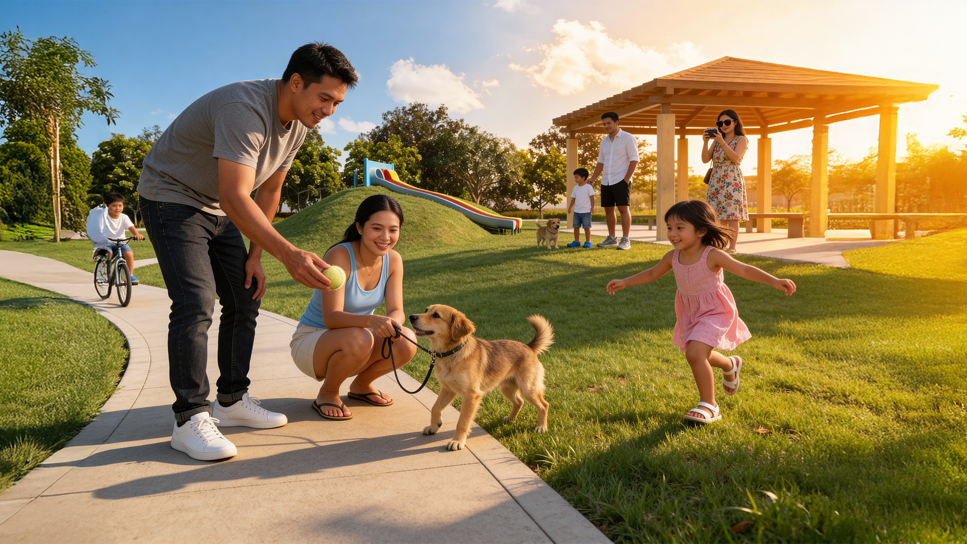 A neighborhood designed to give families more time to enjoy life’s little pleasure. (photo with dog)