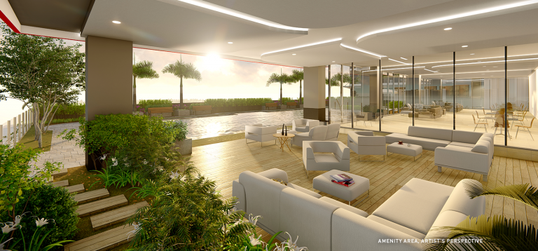 red residences amenities with a white couch and a pool by the sunset
