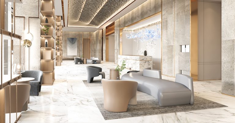 A contemporary lobby featuring sleek marble floors and stylish furniture.